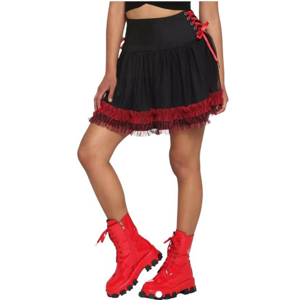 Hot Topic Skirt Sz‎ M Black Red Side Lace-up Mini Goth Whimsigoth Lace EUC